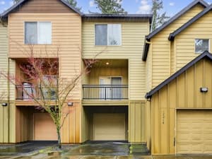Aerial with parking lot, landscaped gardens at Glisan Townhomes, 17218-17298 NE Glisan St, Gresham, Oregon 97230